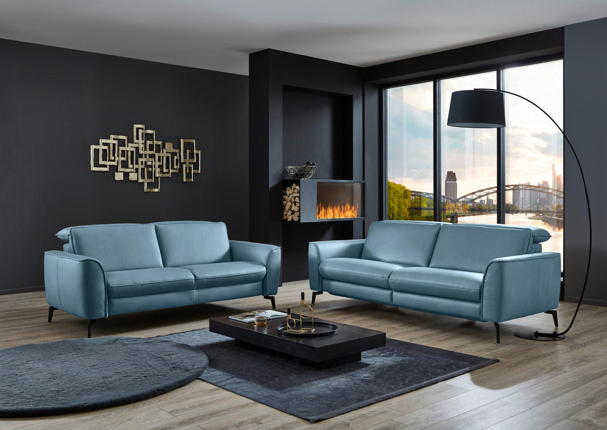 3-SITZER-SOFA in Echtleder Hellblau  - Schwarz/Hellblau, Natur, Leder/Metall (222/81/110cm) - Valdera