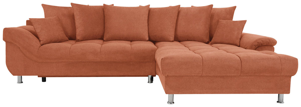 ECKSOFA in Flachgewebe, Mikrofaser Cognac  - Chromfarben/Cognac, Design, Kunststoff/Textil (312/198cm) - Livetastic