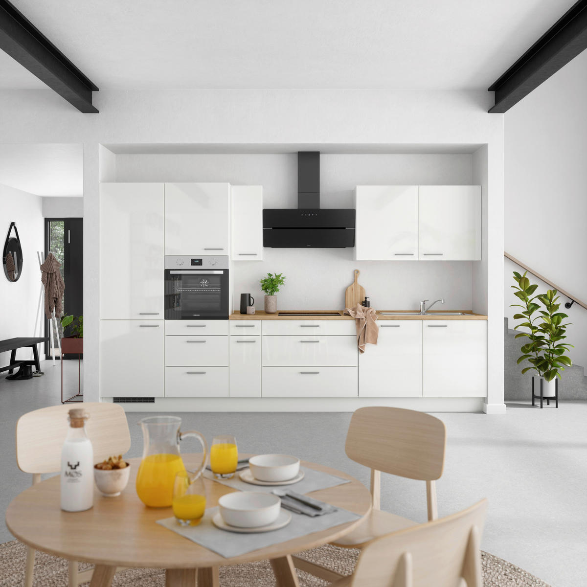 KÜCHENLEERBLOCK 360 cm   in Eichefarben, Weiß Hochglanz  - Edelstahlfarben/Eichefarben, MODERN, Holzwerkstoff/Metall (360cm) - Nobilia