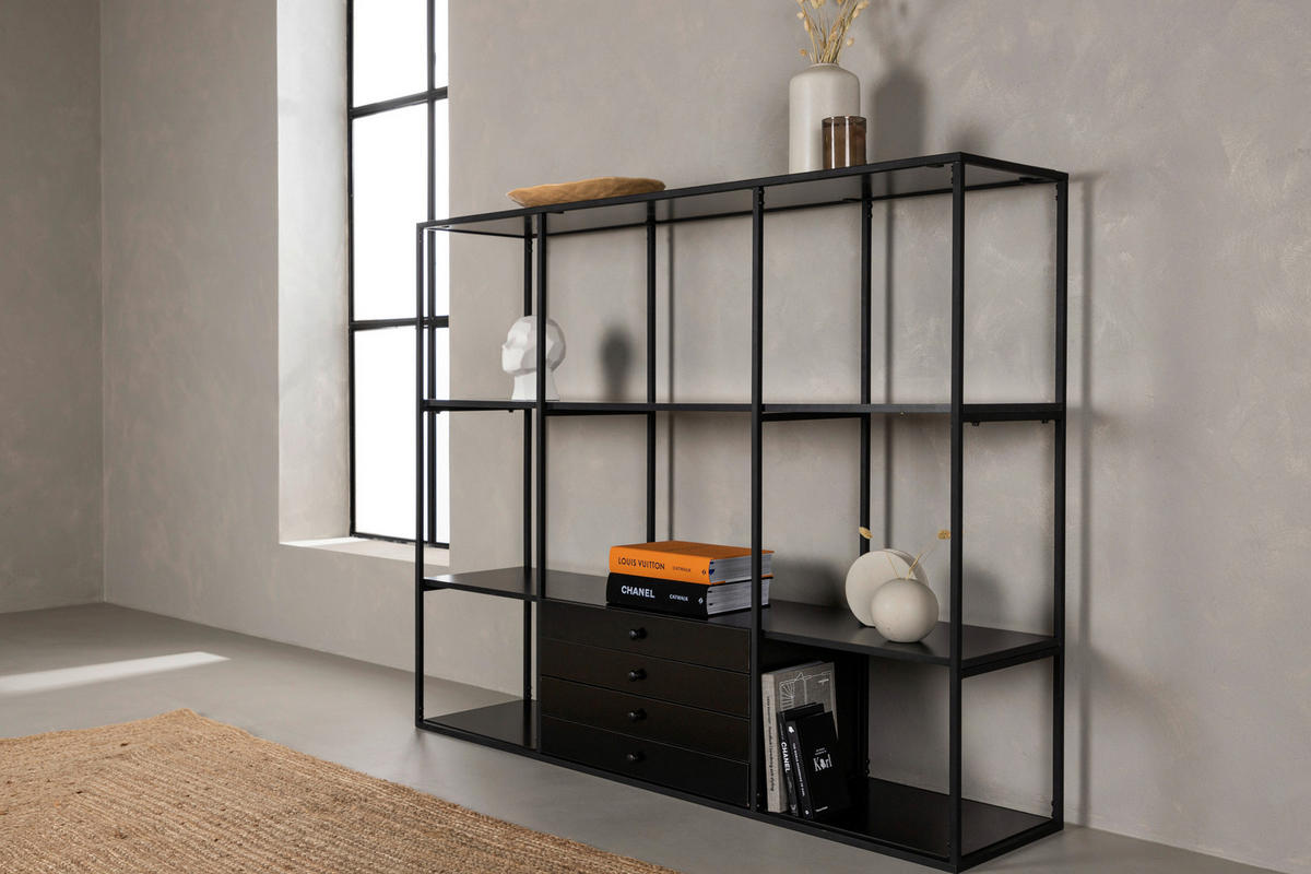 REGAL Schwarz, Nussbaumfarben  - Nussbaumfarben/Schwarz, Design, Holzwerkstoff/Metall (150/120/35cm) - Livetastic