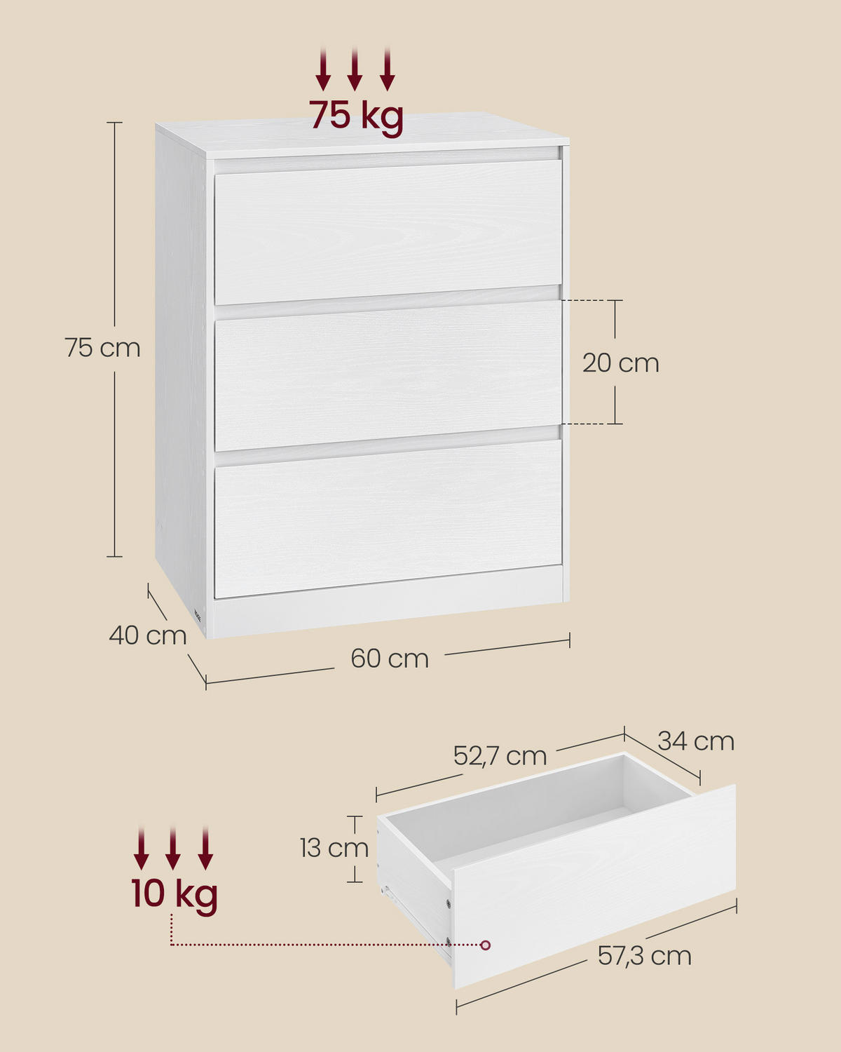 KOMMODE , 60/75/40 cm, 3 Schublade(n)  - Weiß, Trend, Holzwerkstoff (60/75/40cm) - Boxxx