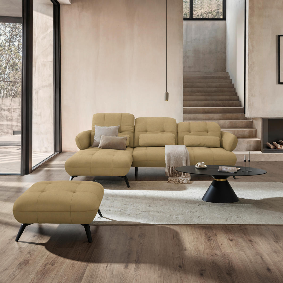 ECKSOFA Flachgewebe Honig  - Schwarz/Honig, Modern, Textil/Metall (180/282cm) - Novel