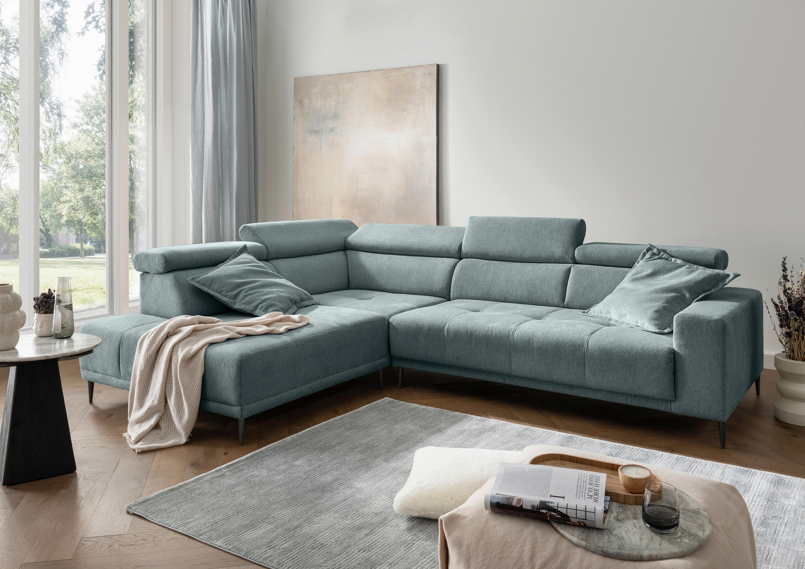 ECKSOFA Chenille Mintgrün  - Schwarz/Mintgrün, Konventionell, Textil/Metall (225/305cm) - Livetastic