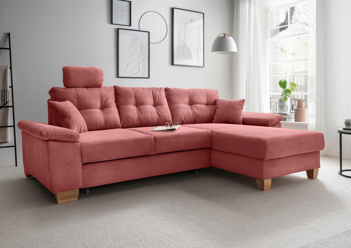 ECKSOFA in Cord Koralle  - Koralle/Naturfarben, Modern, Holz/Textil (270/176cm) - Livetastic
