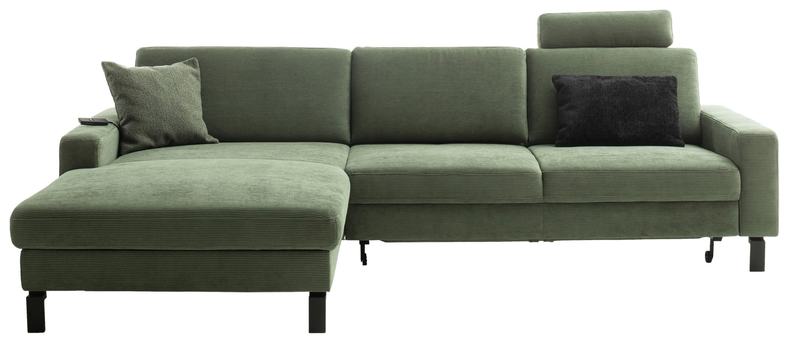 ECKSOFA in Cord Olivgrün  185/298 cm  - Schwarz/Olivgrün, Design, Textil/Metall (185/298cm) - Pure Home Lifestyle