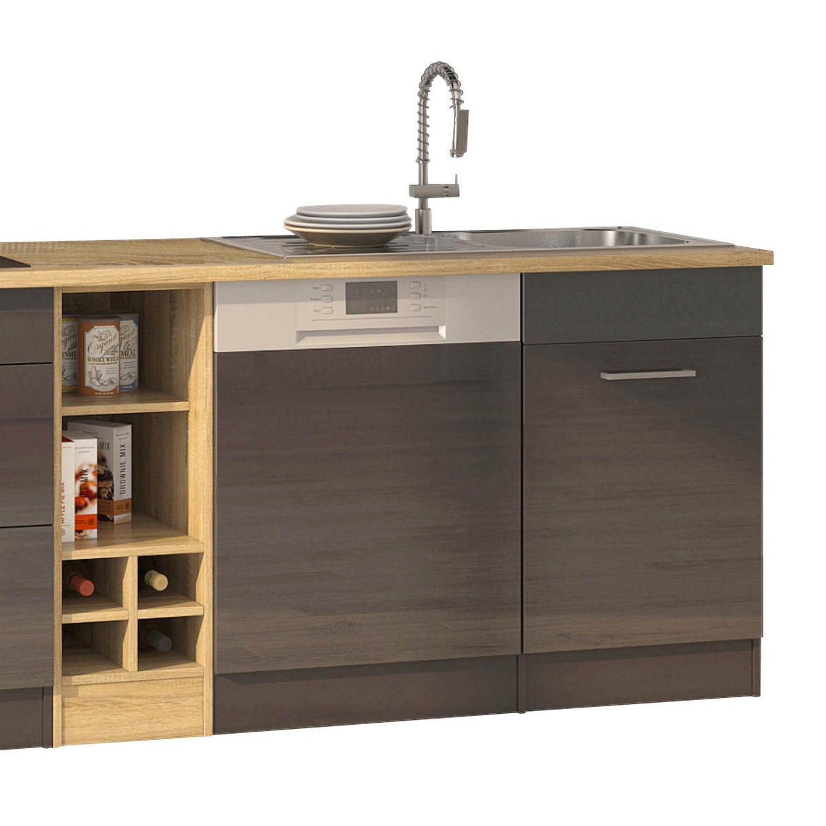 KÜCHENBLOCK 310 cm   in Anthrazit, Anthrazit Hochglanz  - Chromfarben/Eichefarben, Modern, Holzwerkstoff/Metall (310cm) - Held