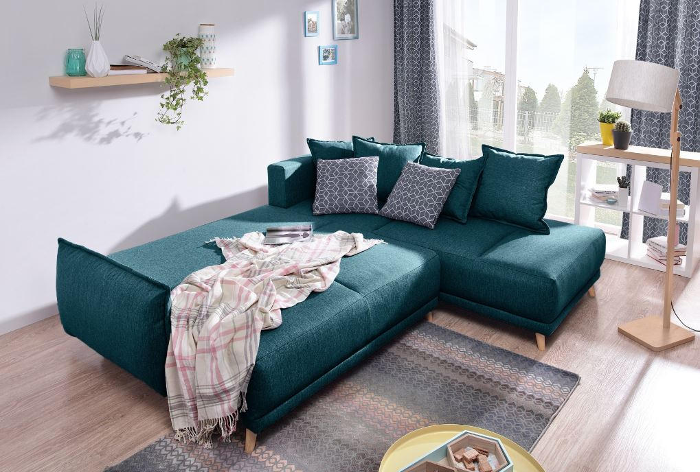 ECKSCHLAFSOFA Petrol Webstoff - Türkis/Dunkelgrau, Basics, Holz/Textil (235/190cm) - MID.YOU