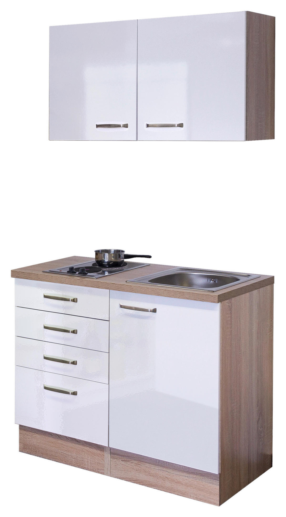 MINIKUCHYŇA VALERO 100 - biela s vysokým leskom/farba ušľachtilej ocele, Modern, kov/kompozitné drevo (100cm) - FlexWell