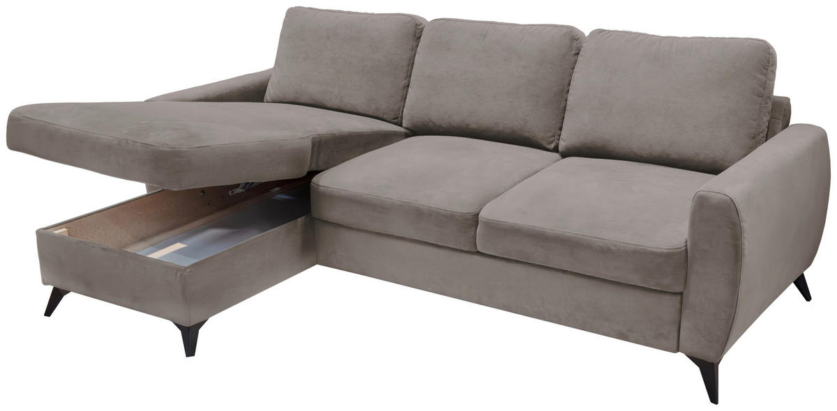ECKSCHLAFSOFA JEFFREY Mikrovelours Taupe  inkl. Zierkissen, Rückenkissen, Stauraum  - Taupe/Schwarz, KONVENTIONELL, Textil/Metall (230/150cm) - Livetastic
