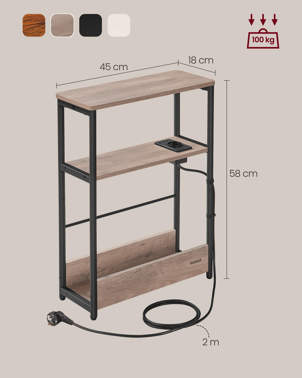 BEISTELLTISCH Schwarz, Hellbraun rechteckig  - Hellbraun/Schwarz, Trend, Holzwerkstoff/Metall (18/58/45cm) - MID.YOU