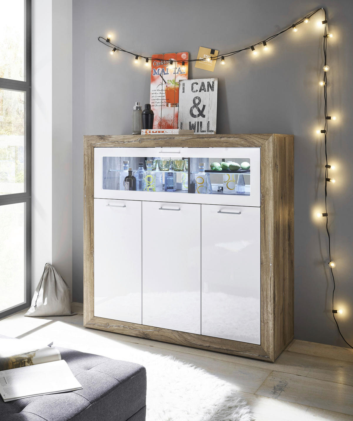 BARSCHRANK Dunkelbraun, Weiß Hochglanz  - Weiß Hochglanz/Dunkelbraun, KONVENTIONELL, Glas/Holzwerkstoff (134/134/46cm) - MID.YOU
