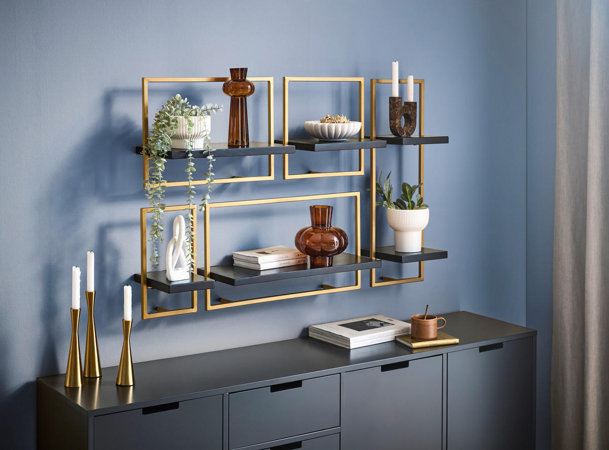 WANDREGAL Akazie massiv Schwarz, Goldfarben  - Goldfarben/Schwarz, Trend, Holz/Metall (25/75/25cm) - Lomoco