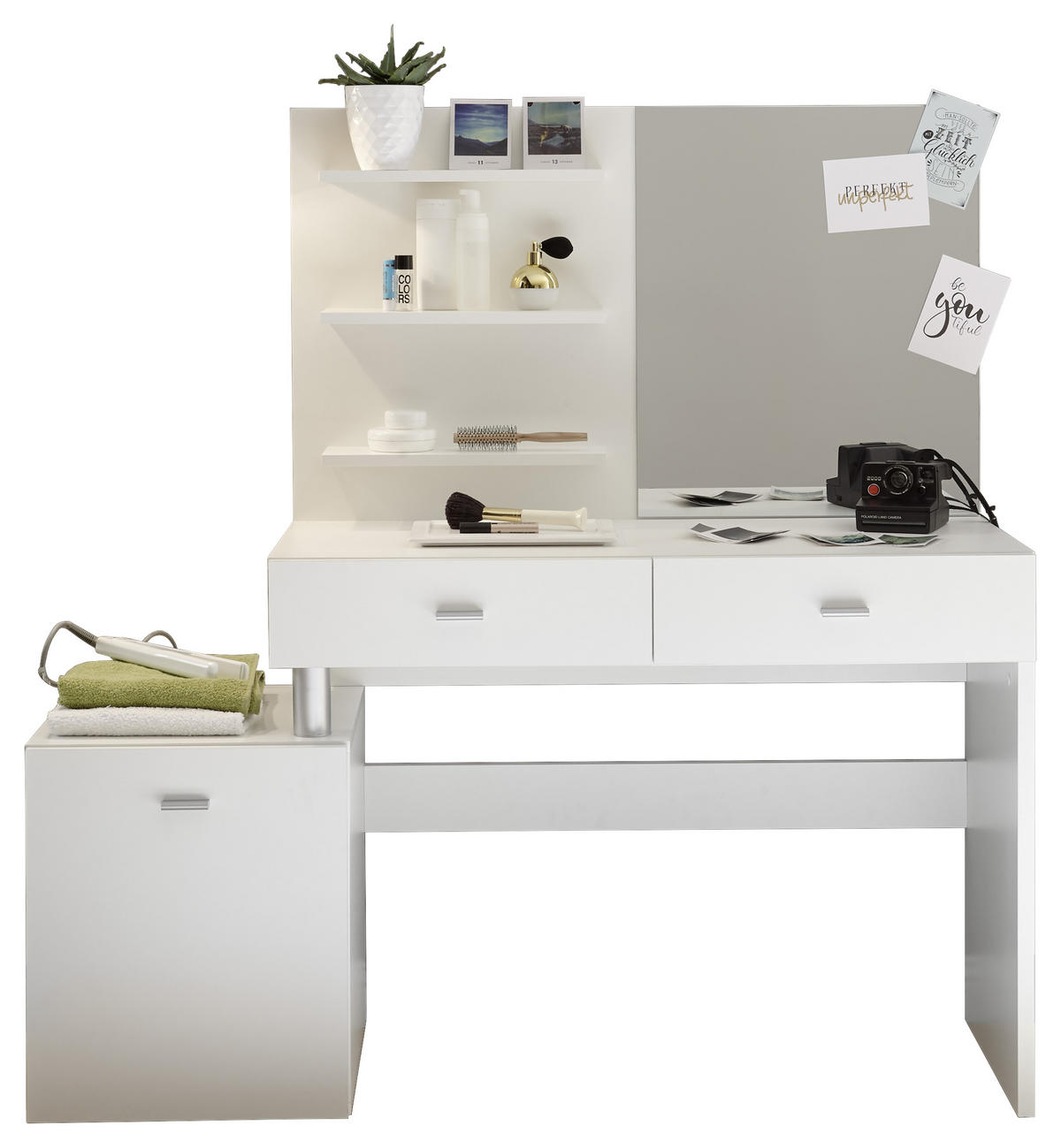 KOZMETIČNA MIZA steklo, leseni material  - srebrne barve/bela, Design, umetna masa/steklo (132/145/43cm) - MID.YOU