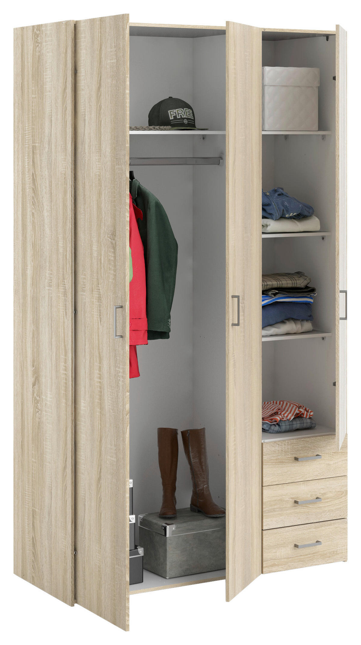 OMARA ZA OBLAČILA, barve hrasta  - srebrne barve/barve hrasta, Basics, kovina/leseni material (115,8/200,4/49,5cm) - MID.YOU