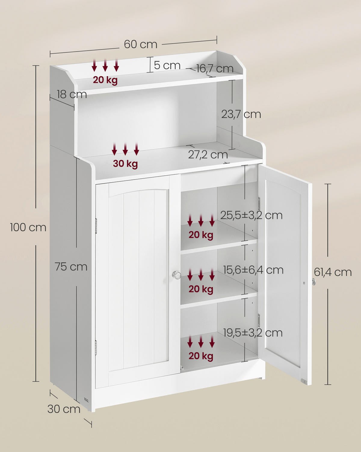 MIDISCHRANK 60/100/30 cm  - Silberfarben/Weiß, MODERN, Holzwerkstoff/Metall (60/100/30cm) - MID.YOU