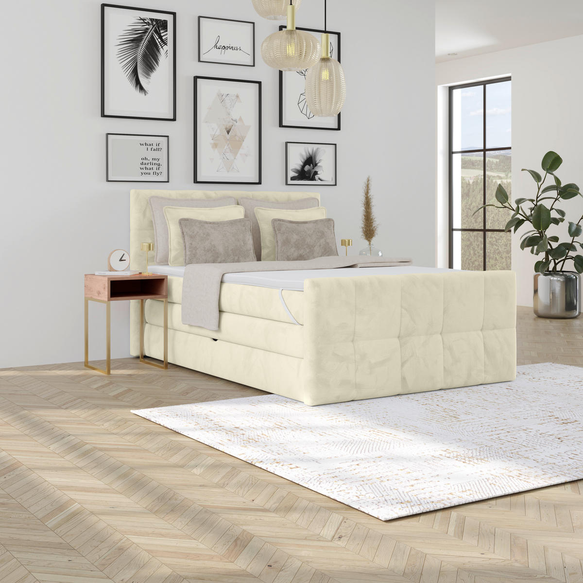BOXSPRINGBETT 140/200 cm,  in Champagner, gepolstertes Kopfteil, Bettkasten, Topper, Matratzen, H2 + H2 = mittel  - Champagner, KONVENTIONELL, Holz/Holzwerkstoff (140/200cm) - Luca Bessoni