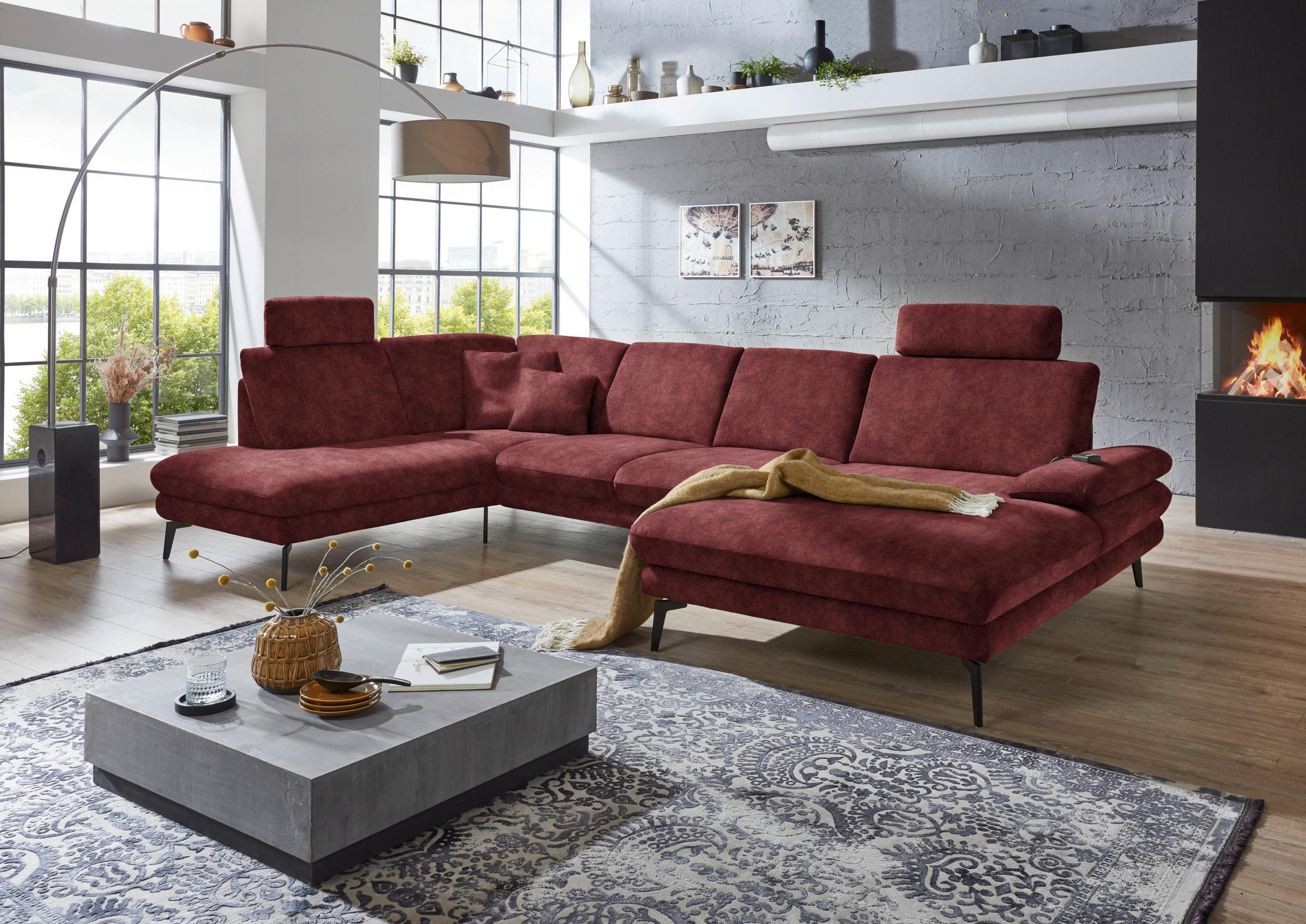 WOHNLANDSCHAFT in Velours Weinrot  - Weinrot/Schwarz, Design, Textil/Metall (208/344/180cm) - Dieter Knoll