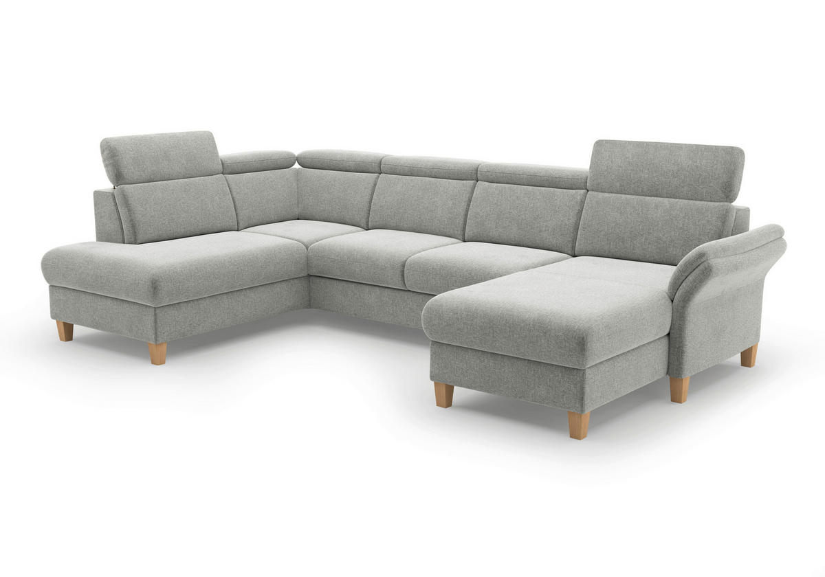 WOHNLANDSCHAFT GLENDALE E Hellgrau Flachgewebe  - Eichefarben/Hellgrau, KONVENTIONELL, Holz/Textil (193/321/166cm) - Sit & More