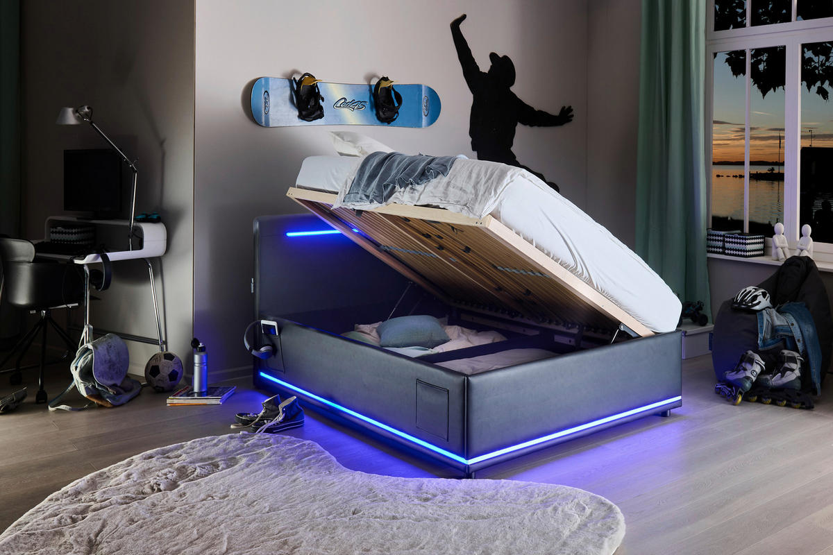 POLSTERBETT 120/200 cm,  in Schwarz, Beleuchtung, Lattenrost, Bettkasten,  - Birkefarben/Buchefarben, Design, Holz/Kunststoff (120/200cm) - Xora