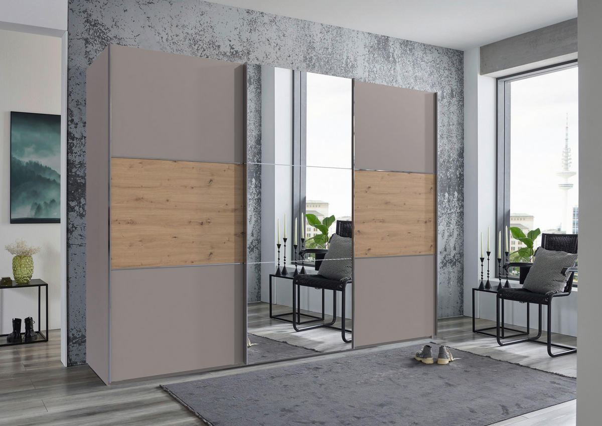 SCHWEBETÜRENSCHRANK 300/216/65 cm 3-türig Grau, Edelstahlfarben, Eiche Artisan  - Edelstahlfarben/Eiche Artisan, KONVENTIONELL, Glas/Holzwerkstoff (300/216/65cm) - Stylife