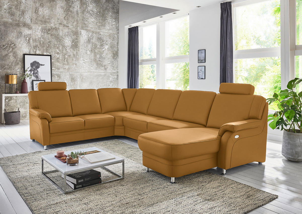 WOHNLANDSCHAFT Echtleder Senfgelb  - Senfgelb/Alufarben, Konventionell, Leder/Metall (239/329/165cm) - Beldomo Premium