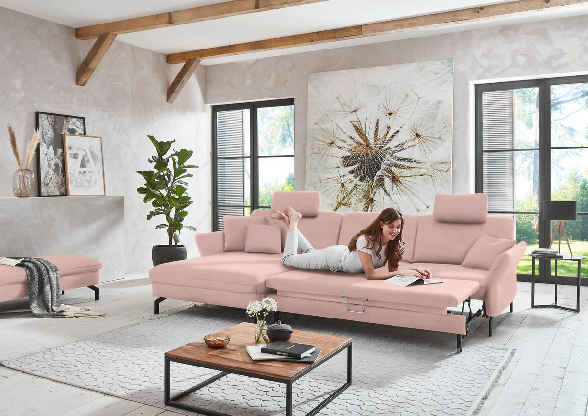 ECKSOFA in Velours Rosa  179/306 cm  - Schwarz/Rosa, Design, Textil/Metall (179/306cm) - Beldomo System
