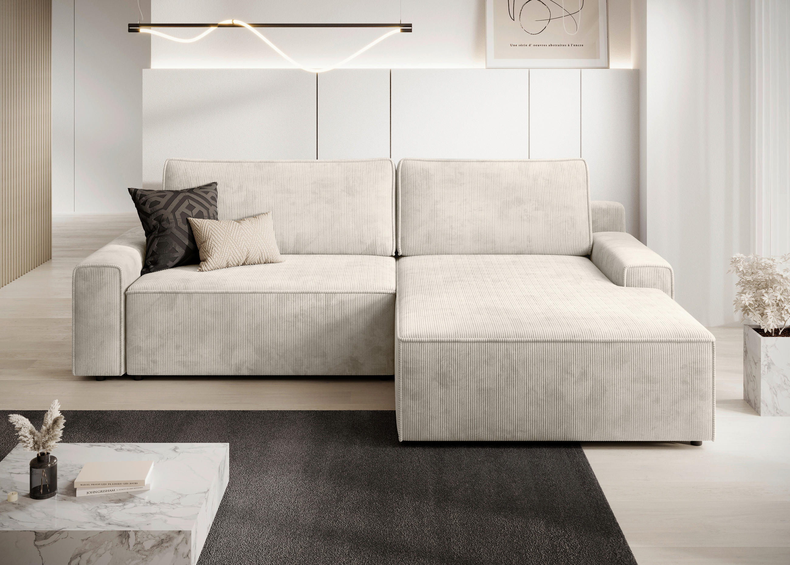 ECKSCHLAFSOFA CHALLANGE  mit Schlafen auf Sitzhöhe, Rücken echt, Armteil links, Armteil rechts Cord Creme  - Creme/Schwarz, MODERN, Kunststoff/Textil (246/168cm) - Trendmanufaktur