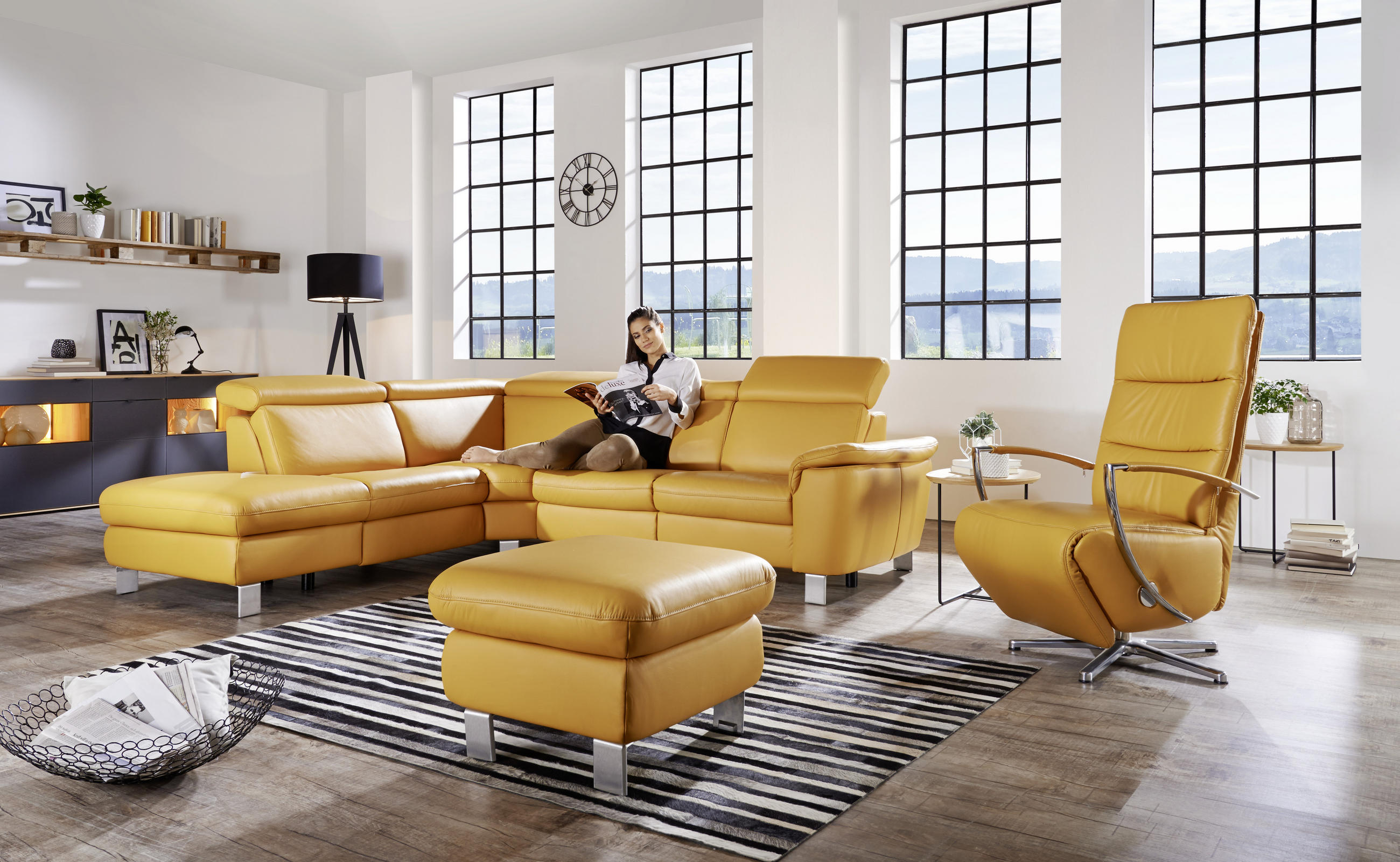 ECKSOFA in Echtleder Gelb  - Gelb/Alufarben, Design, Leder/Metall (239/271cm) - Cantus