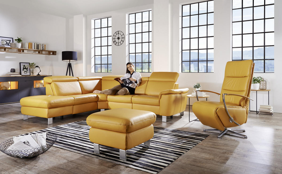 ECKSOFA Gelb Echtleder  - Gelb/Alufarben, Design, Leder/Metall (239/271cm) - Cantus