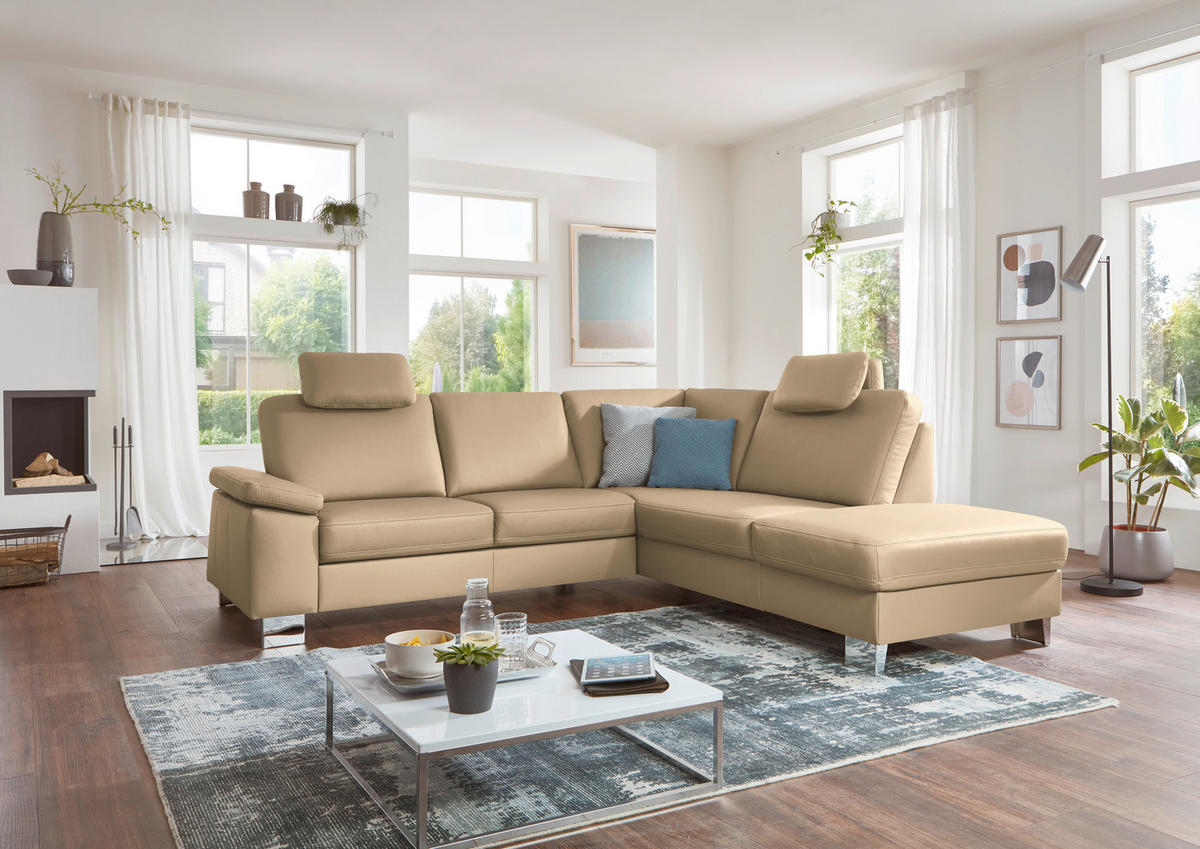 ECKSOFA  in Echtleder Beige  248/235 cm  - Beige/Alufarben, Design, Leder/Metall (248/235cm) - Beldomo Premium