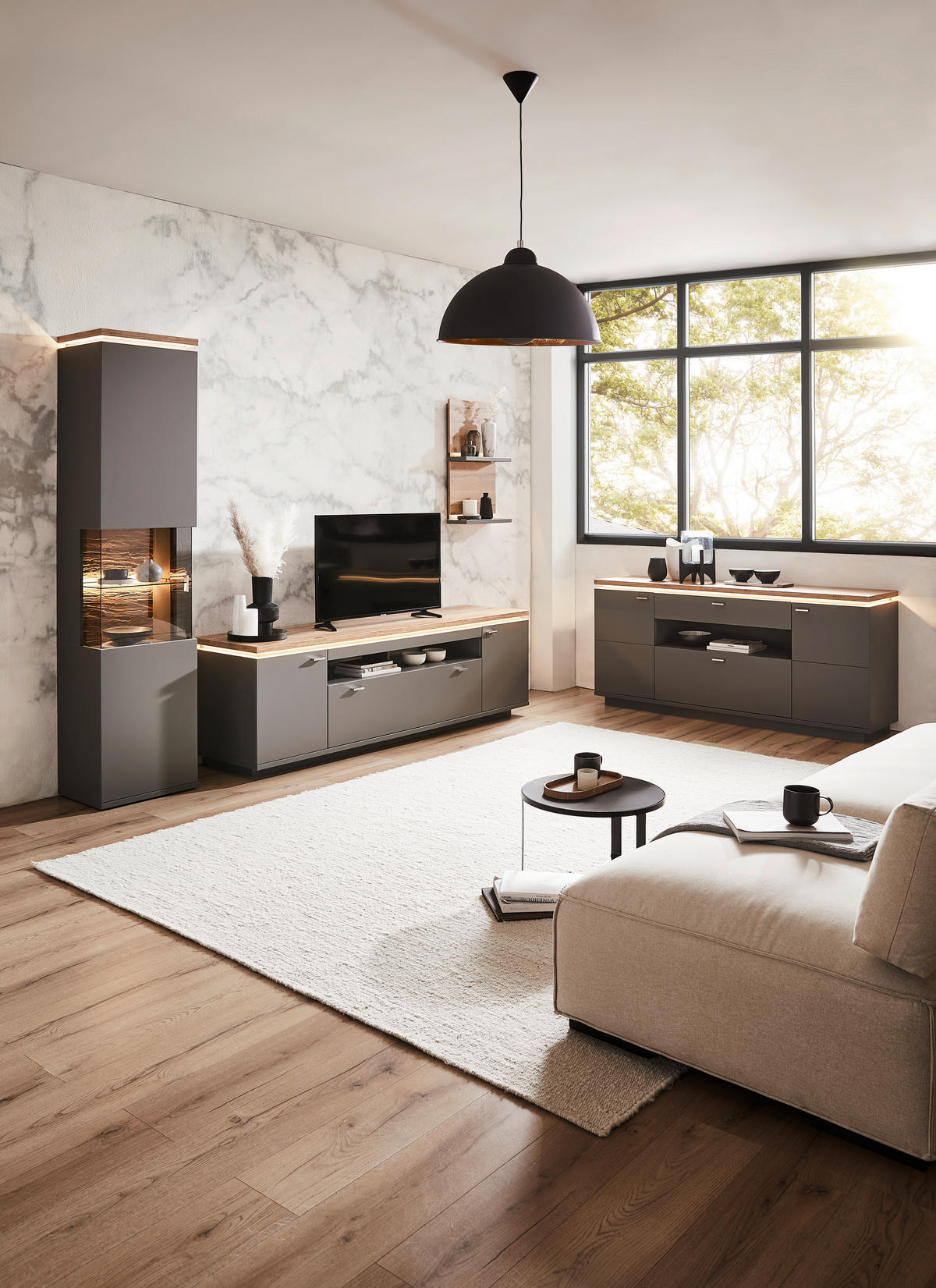 WOHNWAND  in Grau, Eiche Wotan 270/208/50 cm  - Eiche Wotan/Grau, Design, Glas/Holzwerkstoff (270/208/50cm) - Stylife