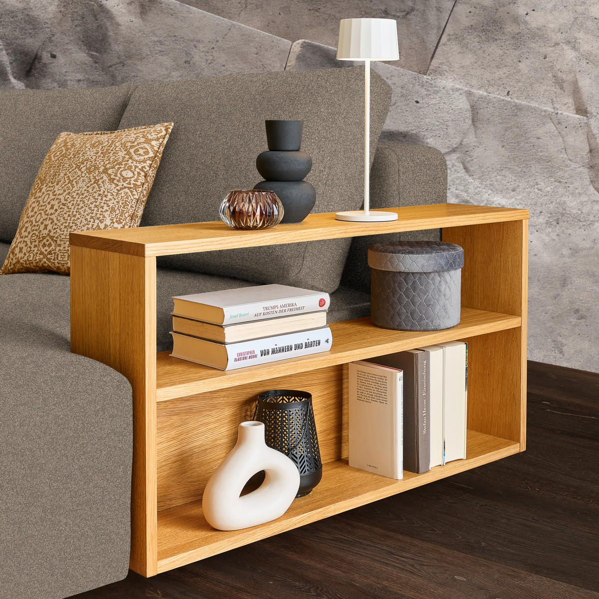 ECKSOFA in Flachgewebe Greige  - Greige/Eichefarben, Design, Holz/Textil (307/190cm) - Joka