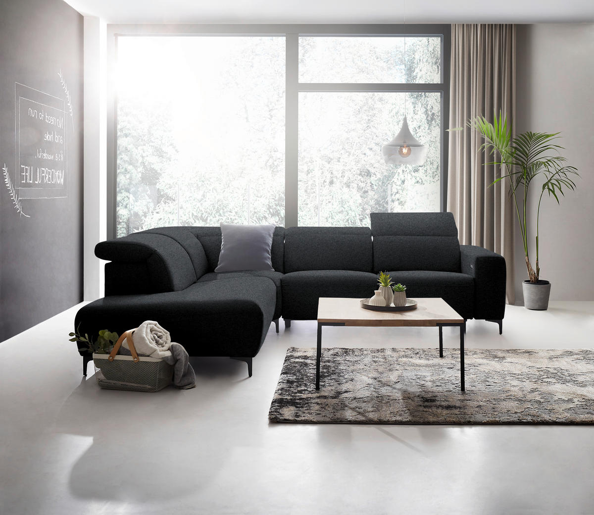ECKSOFA Anthrazit Flachgewebe  - Anthrazit/Schwarz, Design, Textil/Metall (238/290cm) - Pure Home Lifestyle