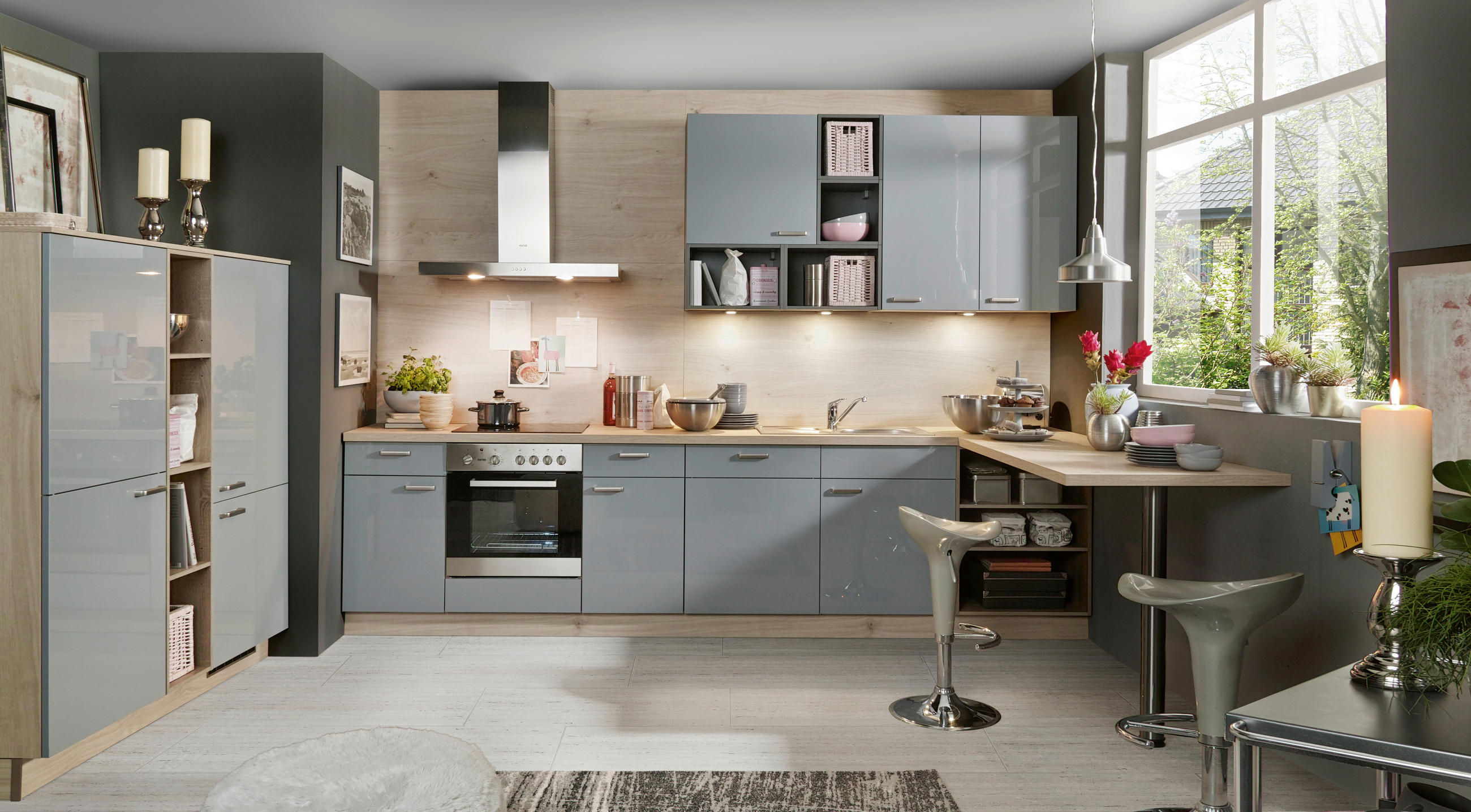 ROHOVÁ KUCHYNĚ STAR 330 - šedá/modrá, Design, kompozitní dřevo (150/330cm) - Welnova