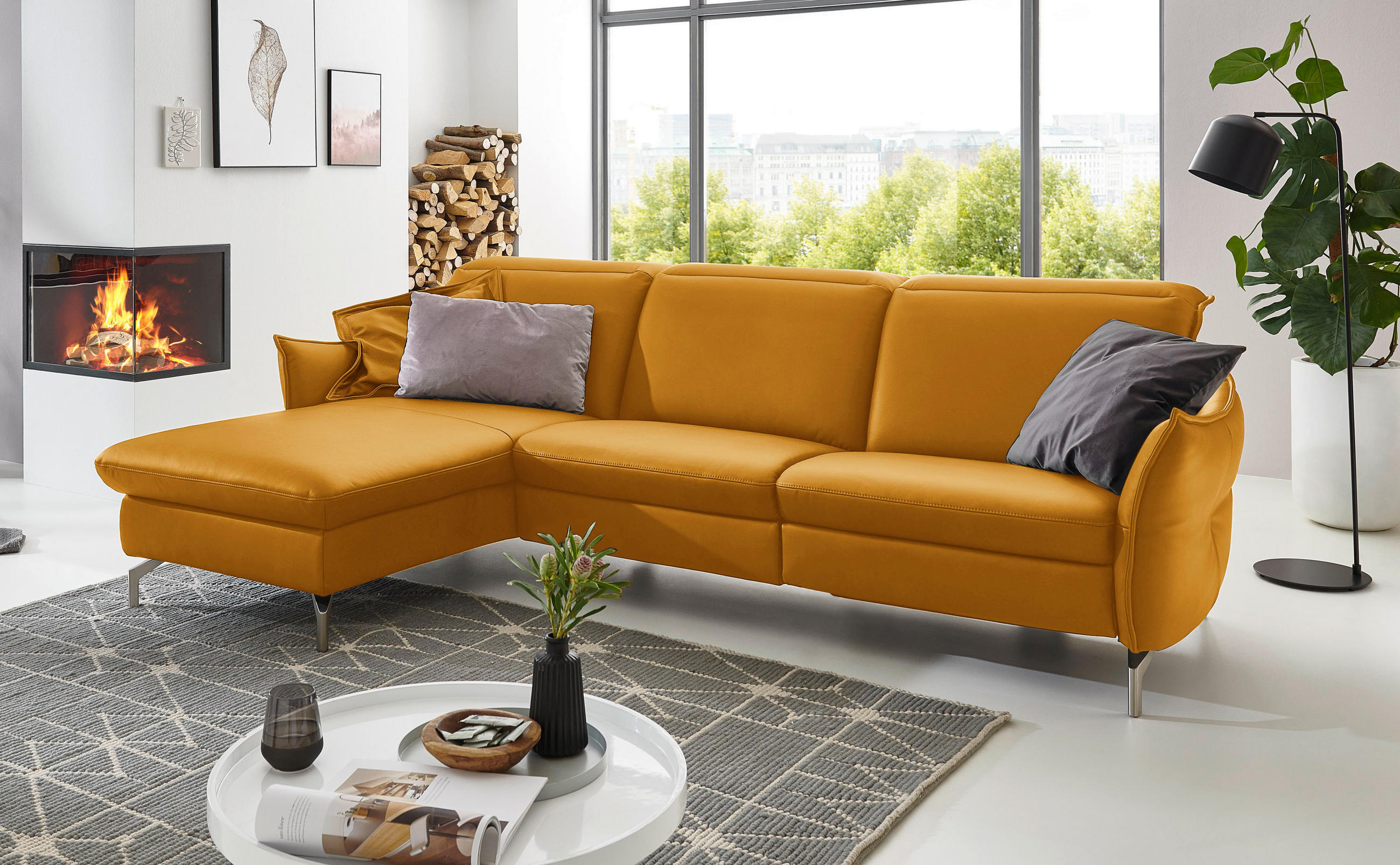 ECKSOFA in Echtleder Currygelb  - Currygelb/Nickelfarben, Modern, Leder/Metall (179/233cm) - Livetastic
