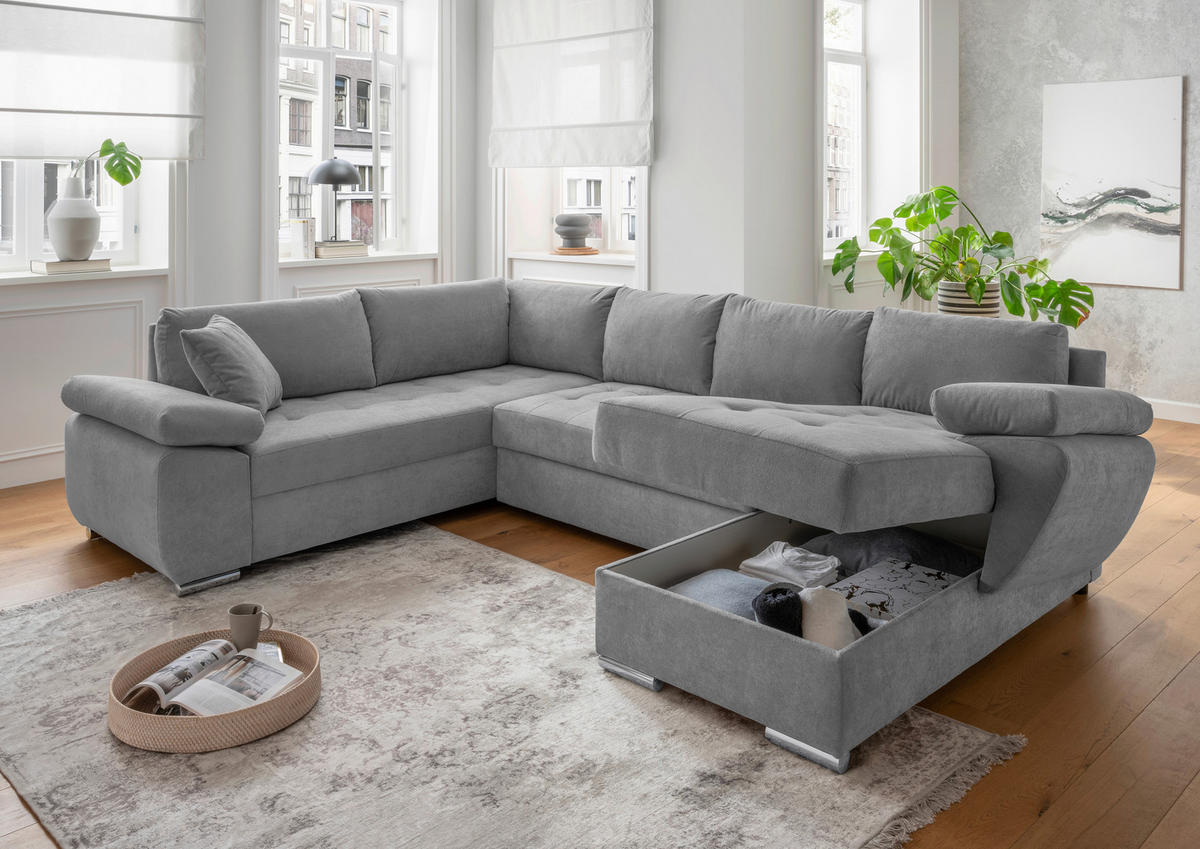 Wohnlandschaft in Mikrofaser Silberfarben  - couleur chromée/couleur argentée, Konventionell, textile/métal (219/305/157cm) - Livetastic