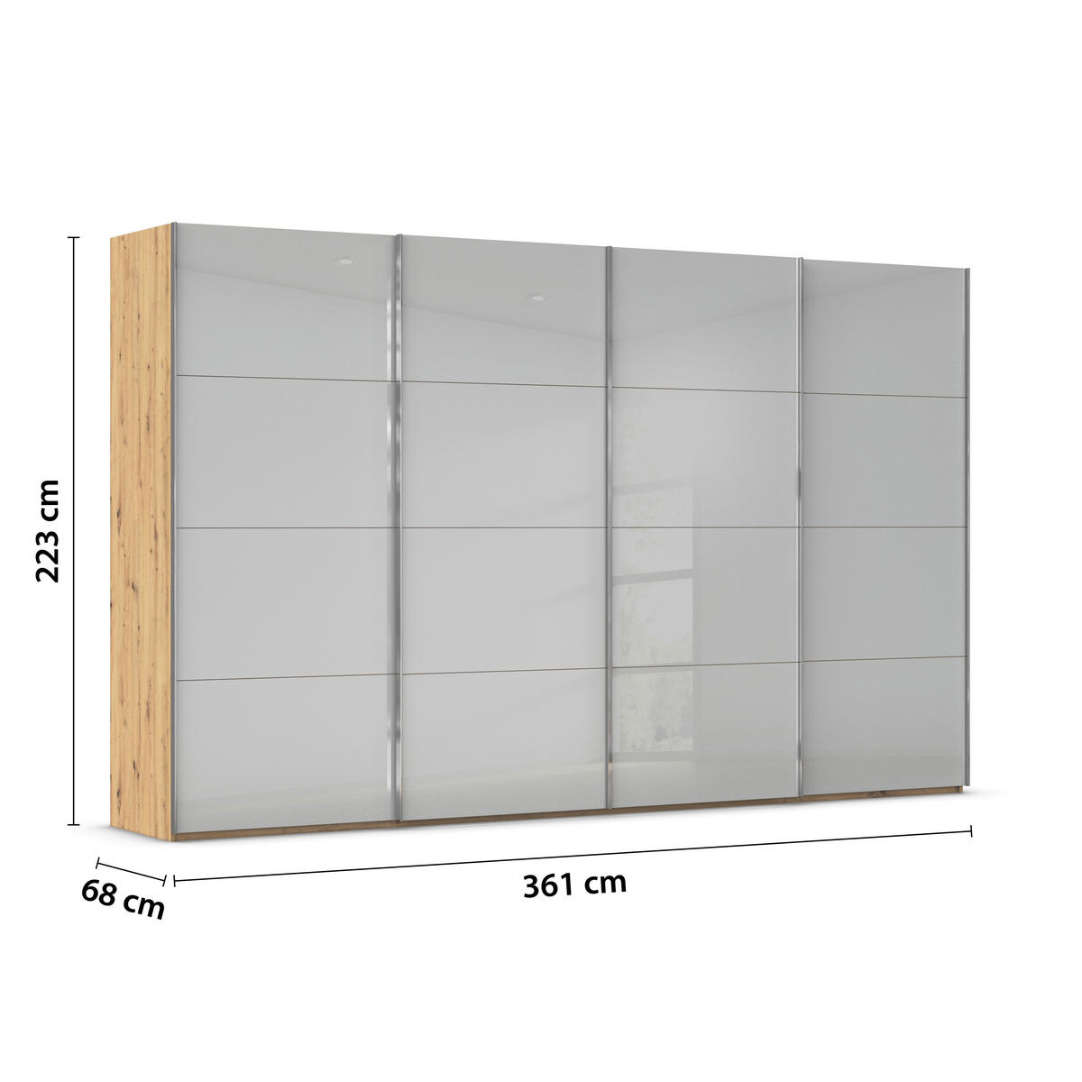 SCHWEBETÜRENSCHRANK 361/223/68 cm 4-türig Eiche Artisan, Seidengrau  - Chromfarben/Seidengrau, Design, Glas/Holzwerkstoff (361/223/68cm) - Novel