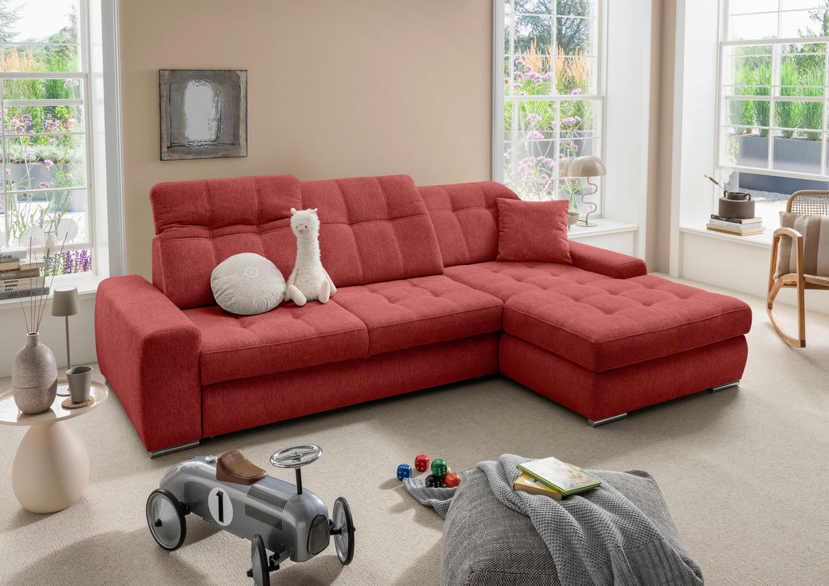 ECKSOFA Chenille Rot  - Chromfarben/Rot, Konventionell, Textil/Metall (283/186cm) - Livetastic