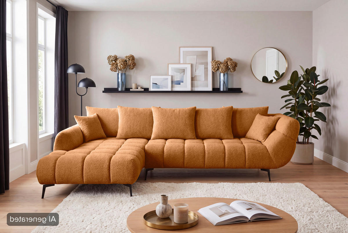 ECKSOFA Kupferfarben Bouclé Zierkissen, Rückenkissen, Rücken echt  - Schwarz/Kupferfarben, MODERN, Textil/Metall (217/318cm) - Carryhome