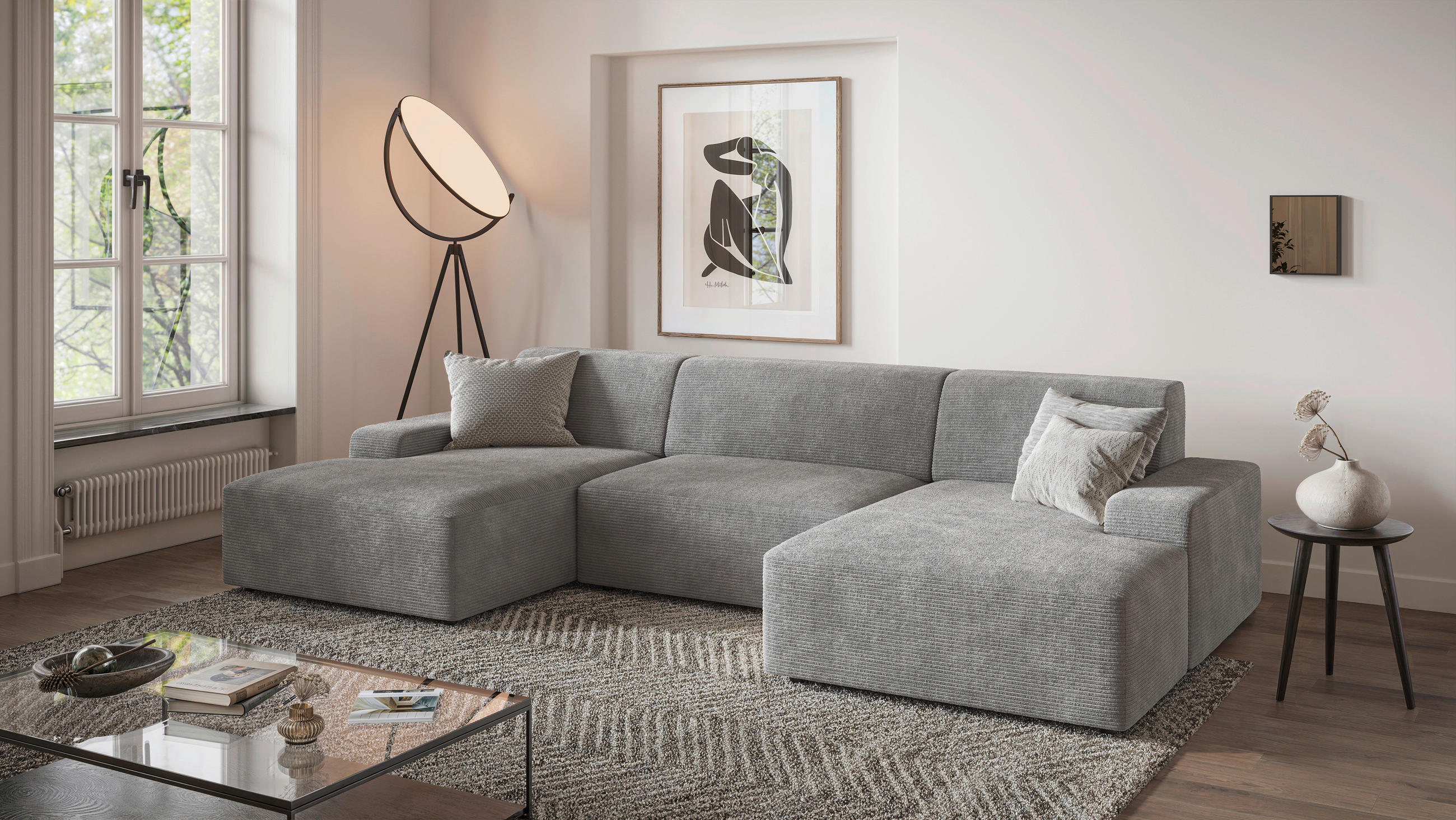 WOHNLANDSCHAFT in Cord Grau - Schwarz/Grau, Modern, Kunststoff/Textil (162/329/162cm) - Trendmanufaktur