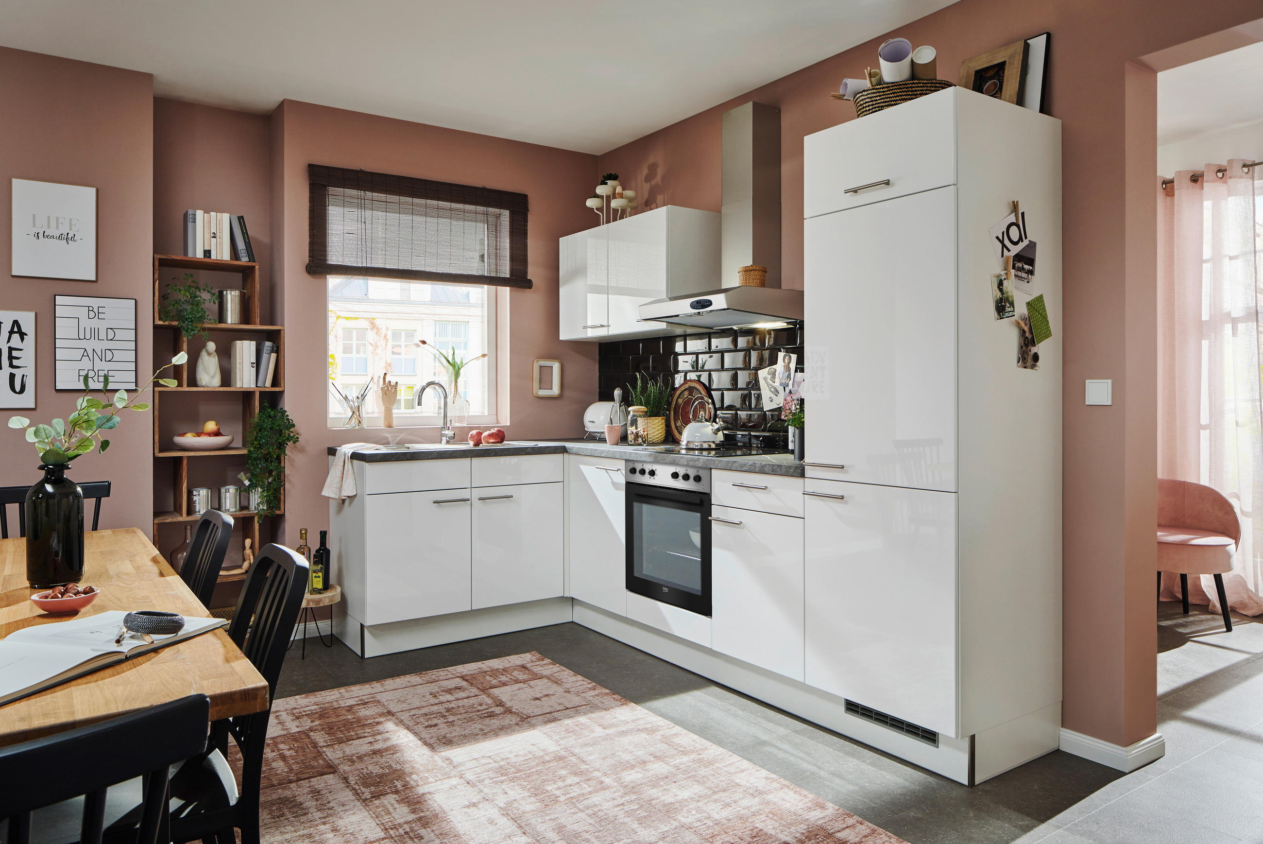 ECKKÜCHE 165/285 cm  in Grau, Weiß Hochglanz  - Edelstahlfarben/Weiß Hochglanz, Design, Holzwerkstoff/Metall (165/285cm) - Pino