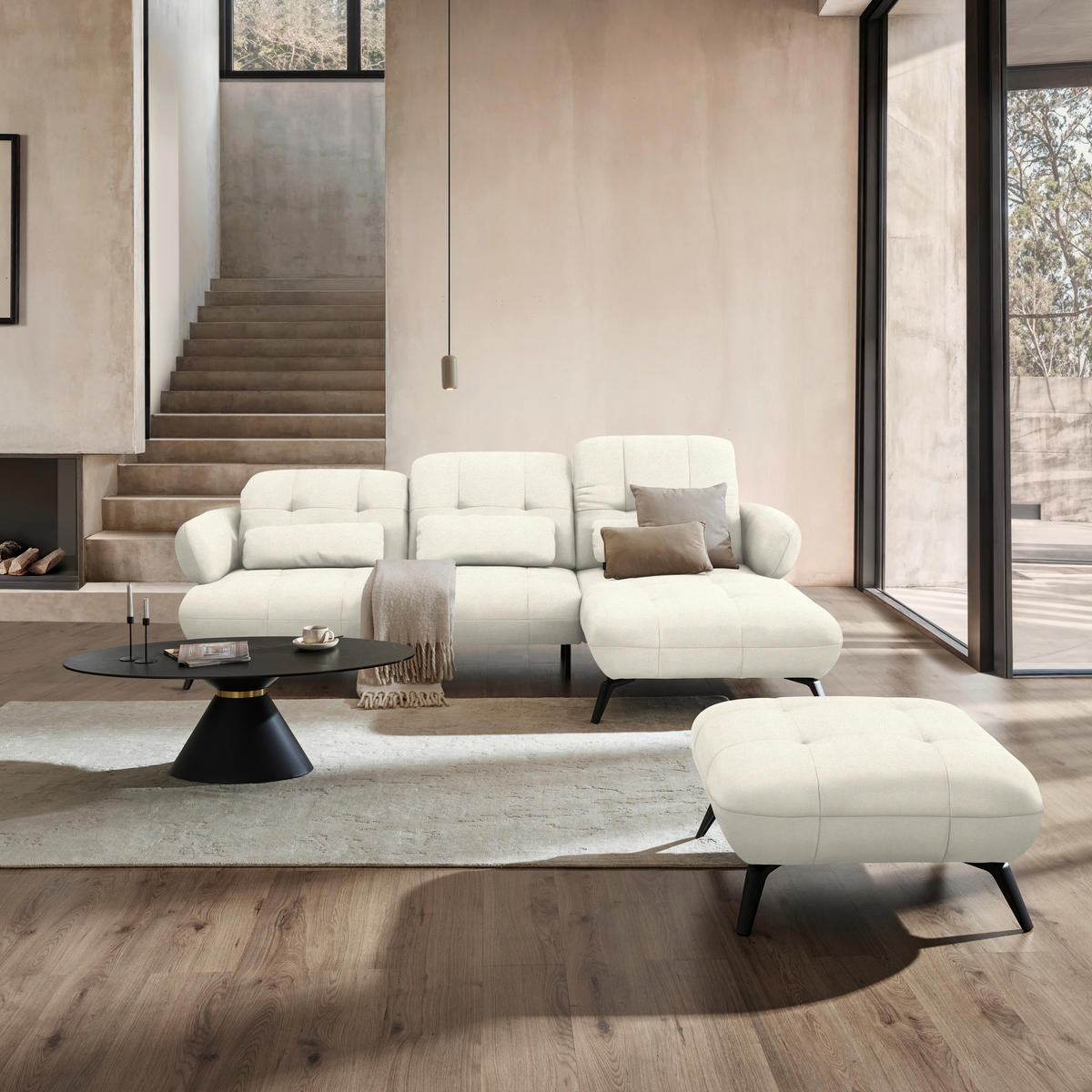 ECKSOFA Flachgewebe Naturfarben  - Schwarz/Naturfarben, Design, Textil/Metall (282/189cm) - Novel