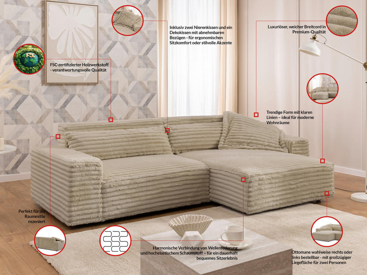 ECKSOFA Curduroy in Cord Hellbraun Rückenkissen  251/142 cm  - Hellbraun/Schwarz, Design, Kunststoff/Textil (251/142cm) - P & B