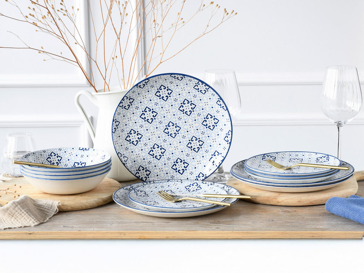 TAFELSERVICE Yara Blau 12-teilig  - Blau/Weiß, Basics, Keramik (31/30/23cm) - Creatable