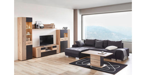 WOHNWAND in Schwarz, Eiche Artisan 330/205/45 cm - Schwarz/Eiche Artisan, Design, Glas/Holzwerkstoff (330/205/45cm) - Carryhome