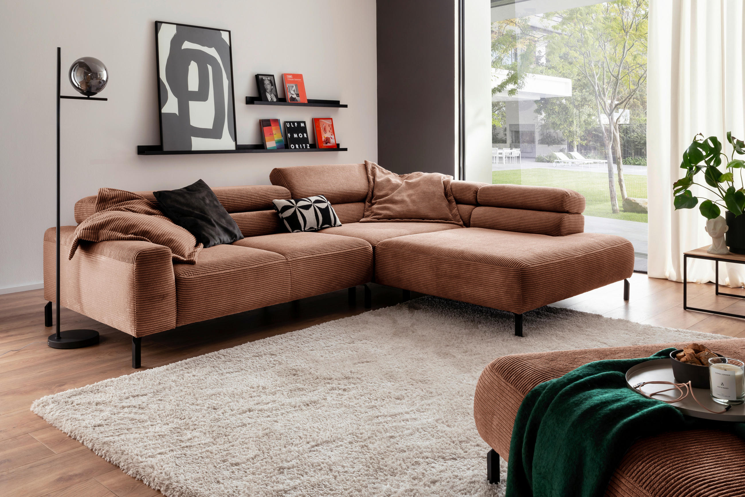 ECKSOFA inkl. Funktion in Cord Rostfarben  - Rostfarben/Schwarz, Modern, Textil/Metall (309/219cm) - Pure Home Lifestyle