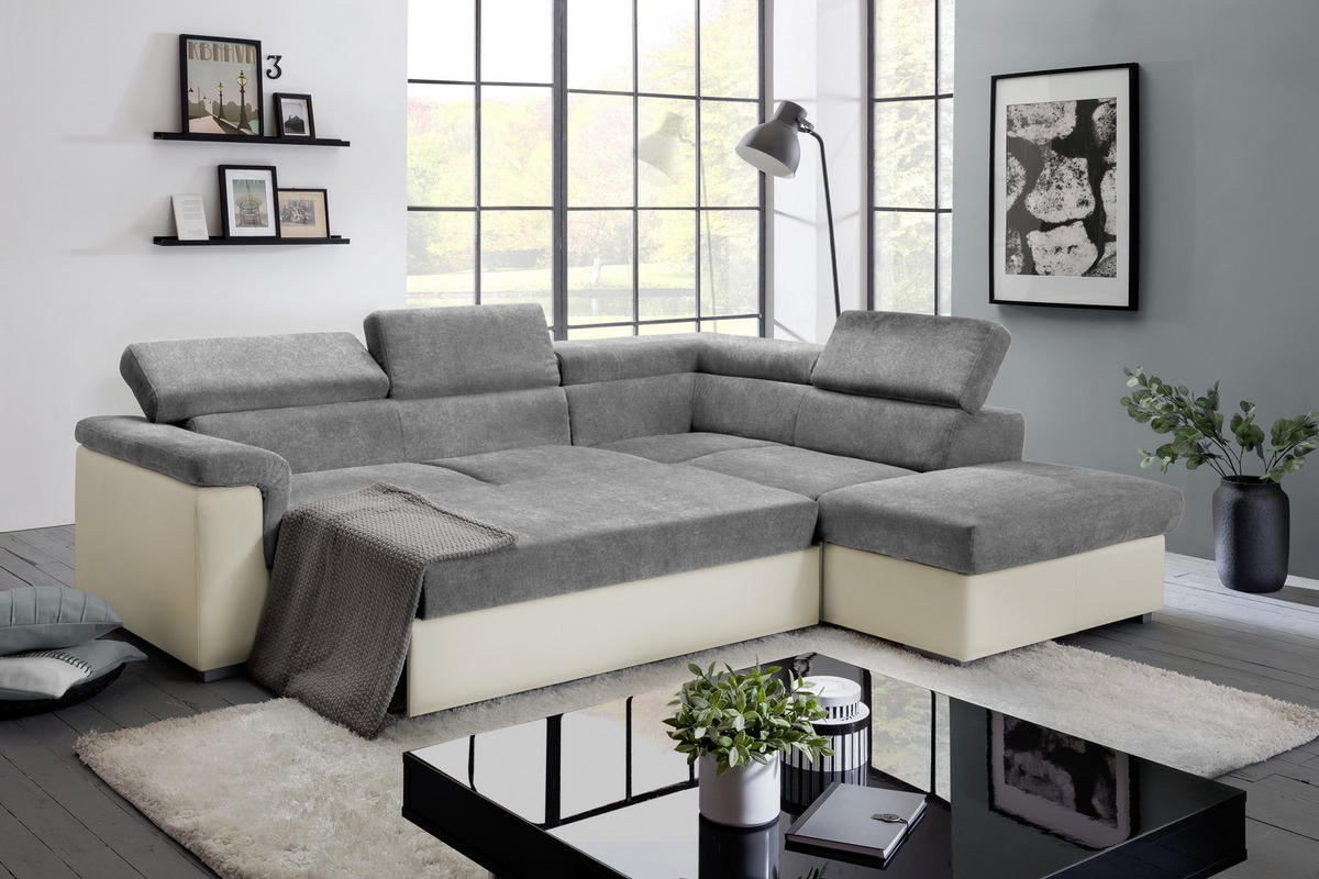ECKSOFA Anthrazit, Braun Lederlook, Flachgewebe  - Anthrazit/Braun, Basics, Holz/Textil (252/217cm) - MID.YOU