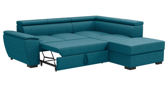 ECKSOFA Petrol Flachgewebe Schlaffunktion, Rücken echt, Kopfteilverstellung, Liegefläche im Originalstoff  - Petrol/Schwarz, KONVENTIONELL, Kunststoff/Textil (266/220cm) - Carryhome