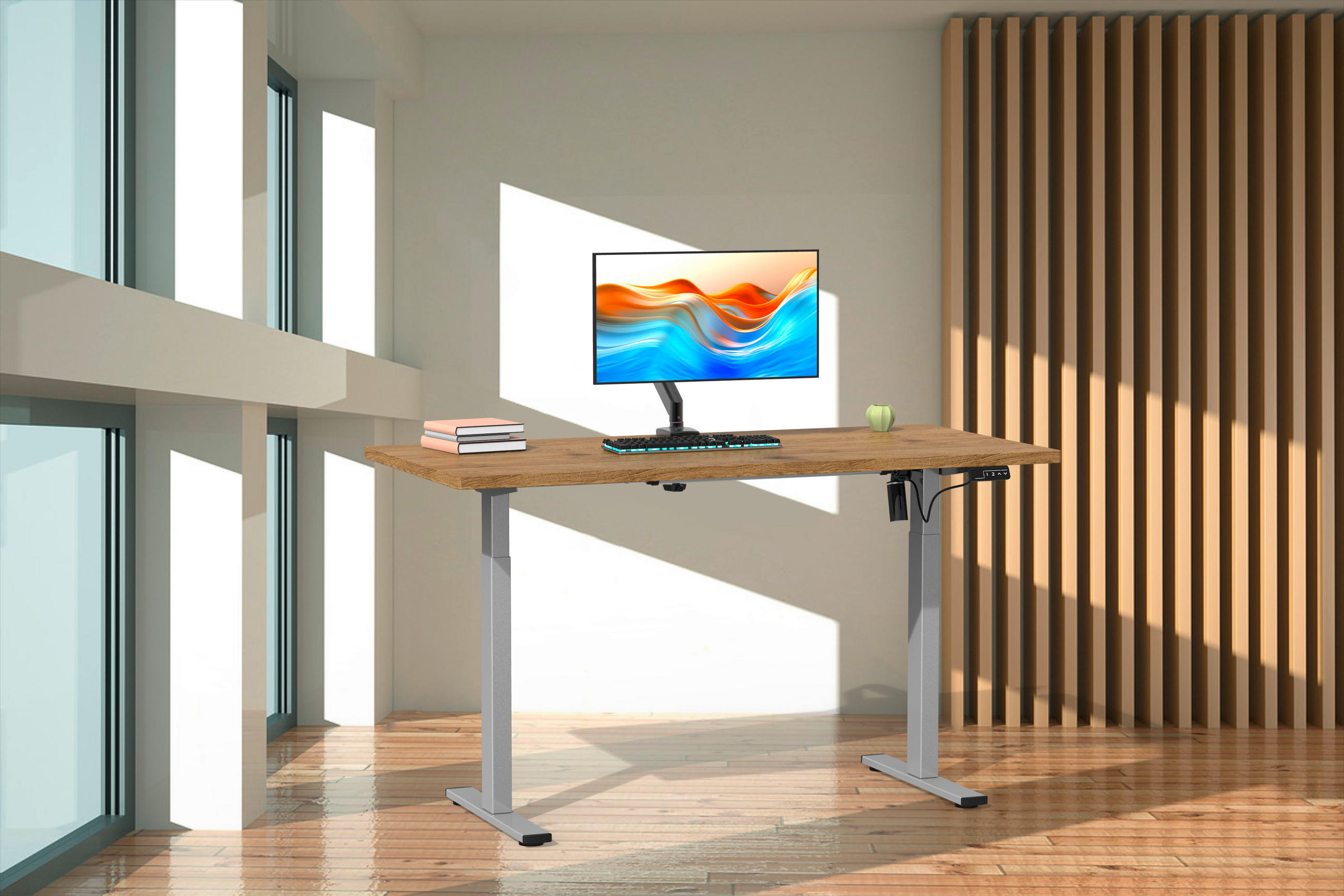 SCHREIBTISCH höhenverstellbar  - Silberfarben/Sonoma Eiche, Design, Holzwerkstoff/Metall (110/50/71cm) - MID.YOU
