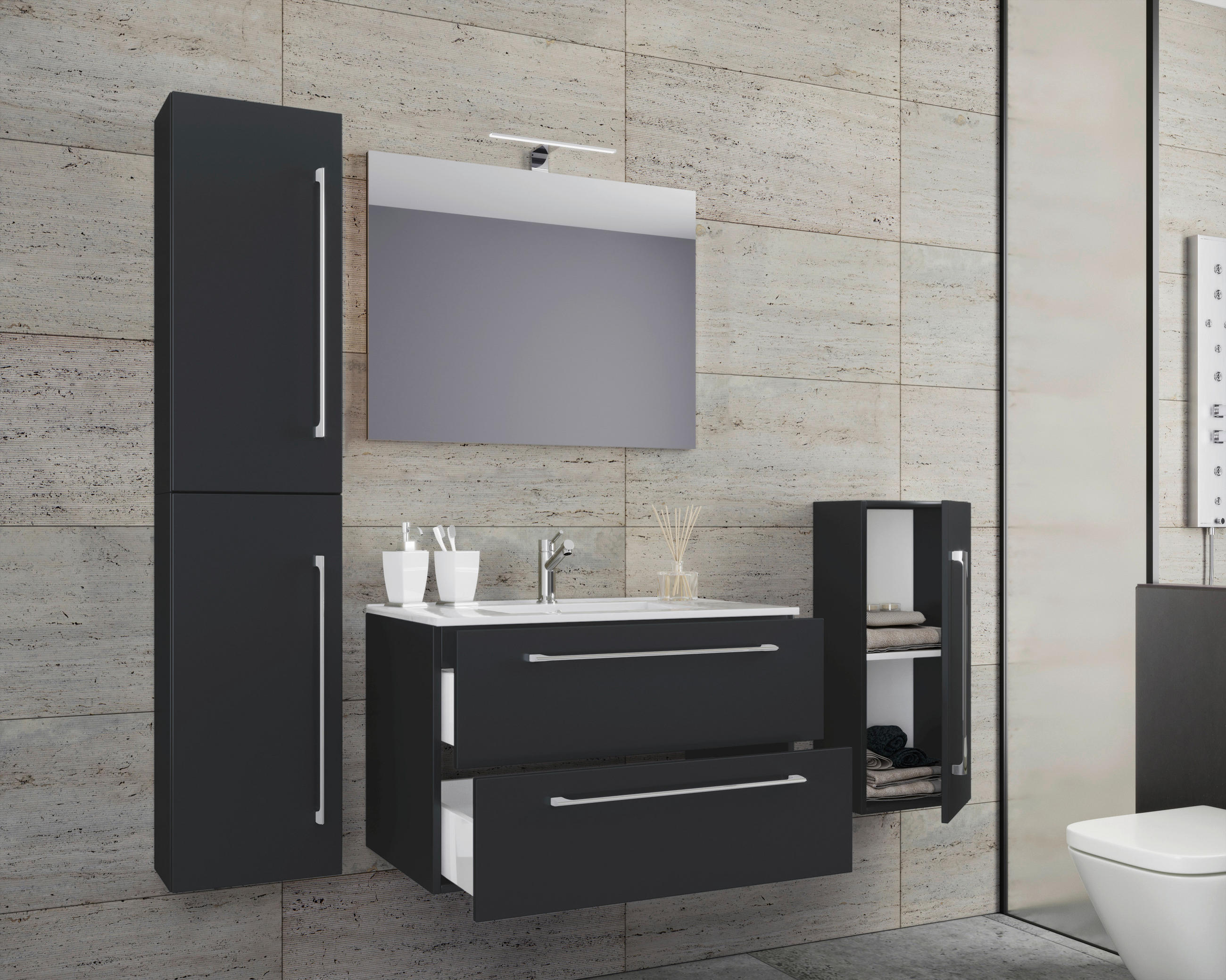 BADEZIMMER 5-teilig  in 126 cm  - Alufarben/Schwarz, MODERN, Keramik/Holzwerkstoff (126cm) - MID.YOU